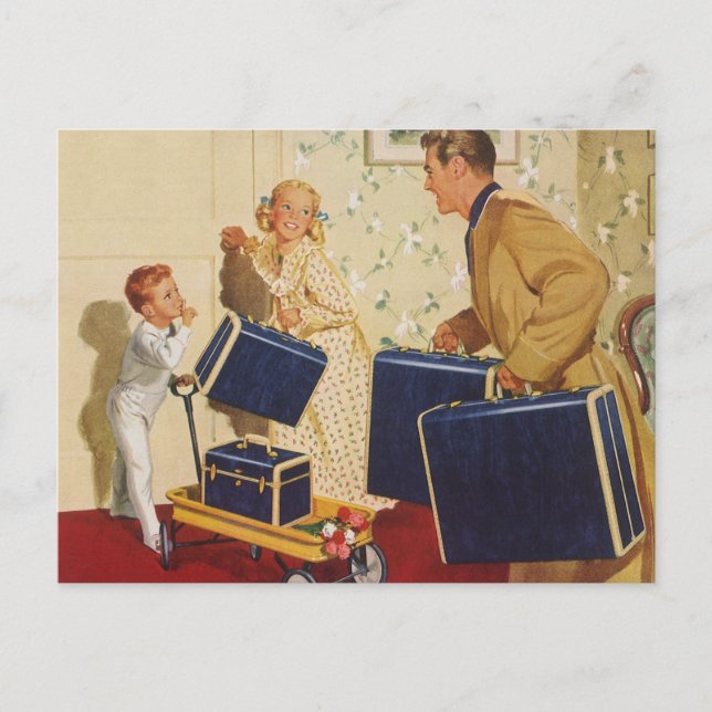 Postal Vacaciones familiares, papá, niños y maletas (Anverso)