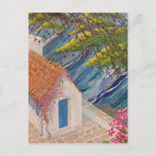 Postal Vacaciones griegas azules y rosas