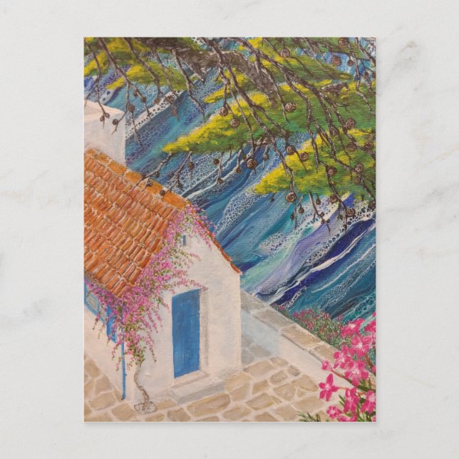Postal Vacaciones griegas azules y rosas (Anverso)