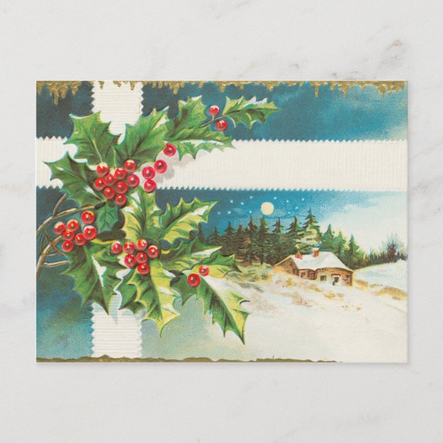 Postal Vacaciones navideñas vintage Holly Mistletoe (Anverso)