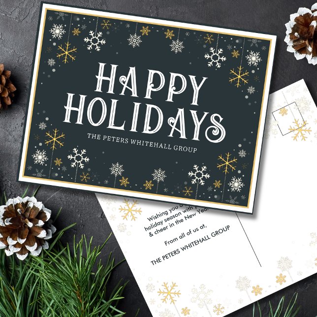 Postal Vacaciones simples Felices Snowflake Gold Blue Bus (Subido por el creador)