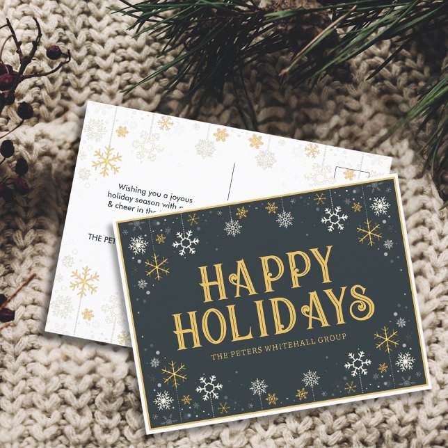 Postal Vacaciones simples Felices Snowflake Gold Blue Bus (Subido por el creador)