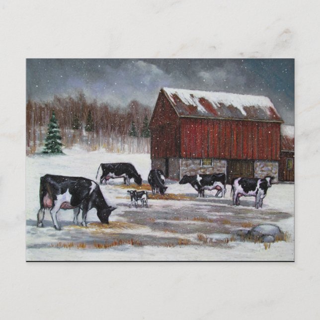 Postal Vacas en invierno, pintura original (Anverso)