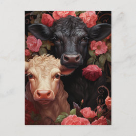 Postal Vacas en las flores rosas