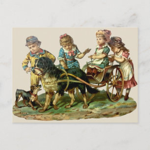 Postal Vagón Antiguo de Niños y Perro