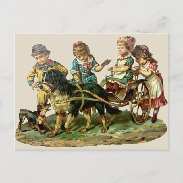 Postal Vagón Antiguo de Niños y Perro (Anverso)