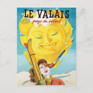 Postal Valais, Mujer con esquí bajo sol suave