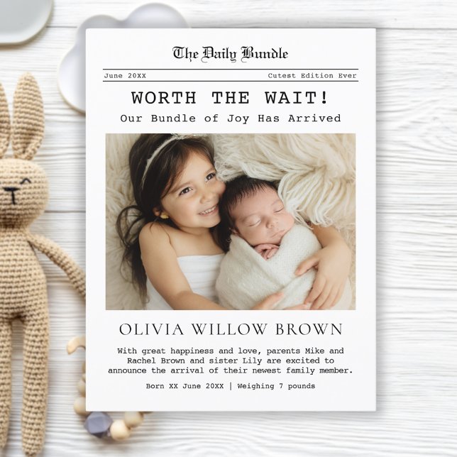 Postal Vale la pena esperar, anuncio de nacimiento de per (Baby Birth Announcement postcard in newspaper style with photo. Headline: "Worth the Wait")