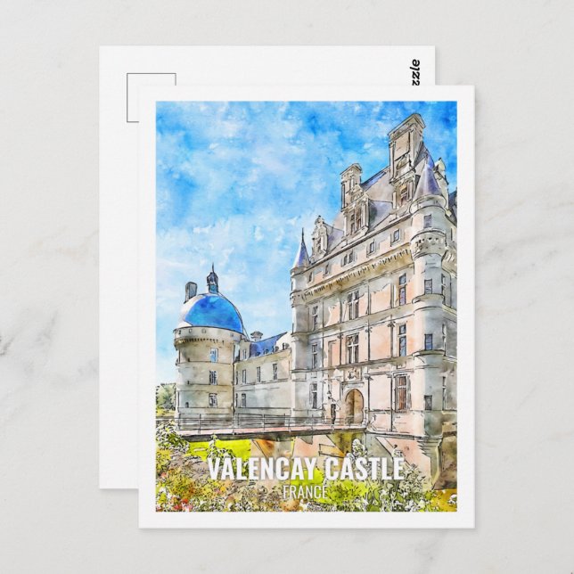 Postal Valencay Castle France Travel Place Watercolor (Anverso / Reverso)