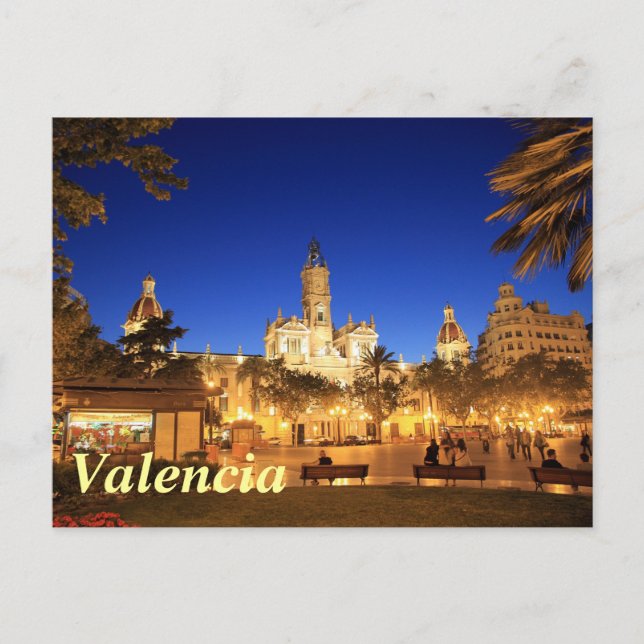 Postal Valencia: Ayuntamiento de Plaza por noche (Anverso)