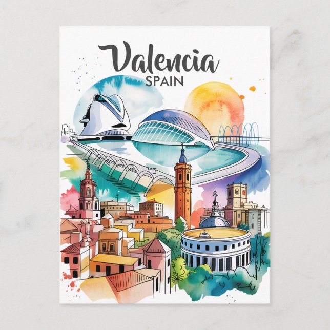 Postal Valencia Spain Cityscape Watercolor Travel Custom (Anverso)