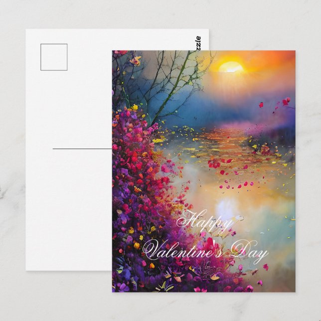 Postal Valentín de puesta de sol floral colorida (Anverso / Reverso)