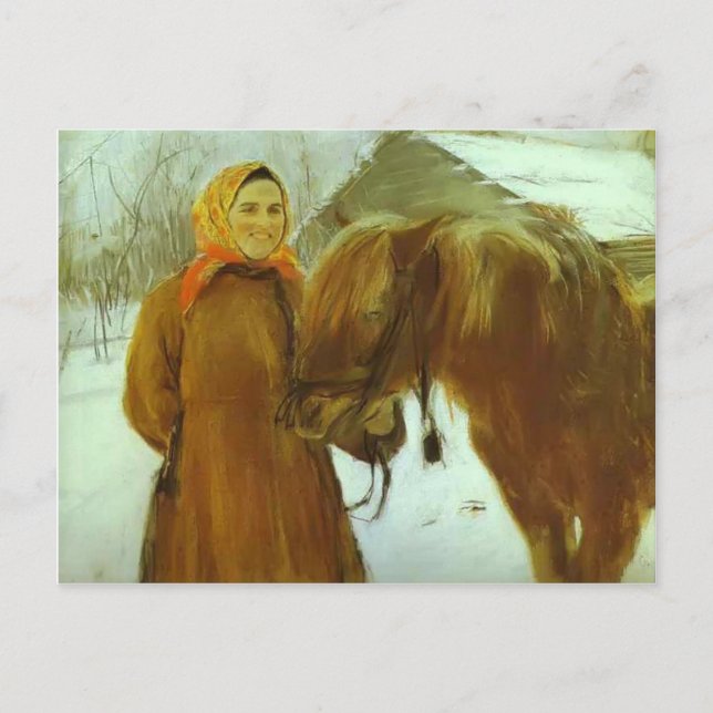 Postal Valentin Serov - Campesina con caballo (Anverso)