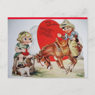 Postal Valentín Vaquero Antiguo en Potro Bronco