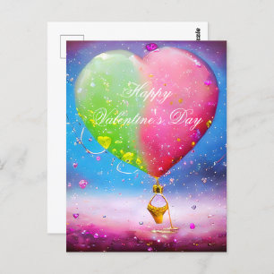 Postal Valentina de globo aerostático rosa y verde