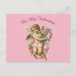 Postal Valentine Cherub Con Flores En Un Fondo Rosa