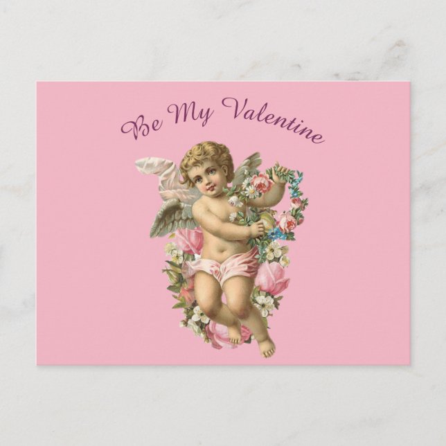 Postal Valentine Cherub Con Flores En Un Fondo Rosa (Anverso)