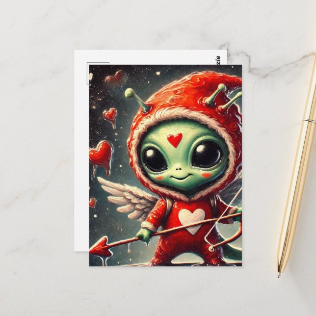Postal Valentine Cupid Green Alien (Anverso/Reverso In Situ)