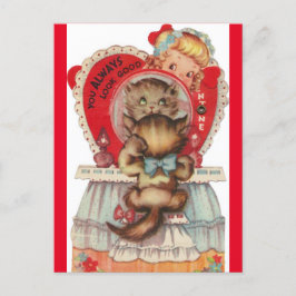 Postal Valentine de Vintage Little Girl & Kitten de los a