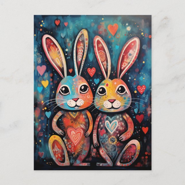 Postal Valentine Friends Bunnies largas orejas corazones (Anverso)