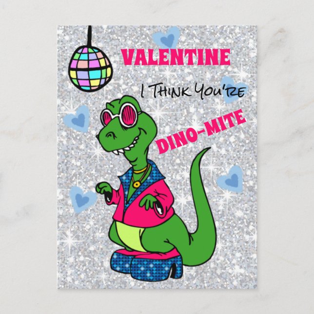 Postal Valentine I Think You are Dino-Mite, disco dinosau (Anverso)