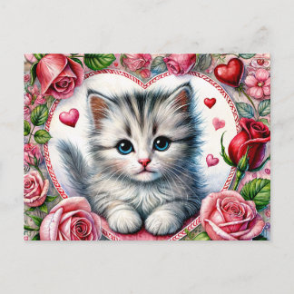 Postal Valentine Kitten with Red Roses
