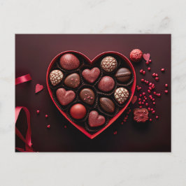 Postal valentine`s day chocolates in a heart shaped box