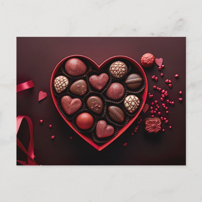 Postal valentine`s day chocolates in a heart shaped box (Anverso)