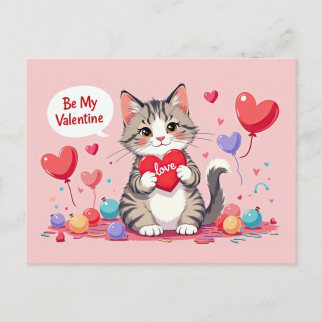 Postal Valentines Day Cute Cat Hearts Be My Valentine (Anverso)