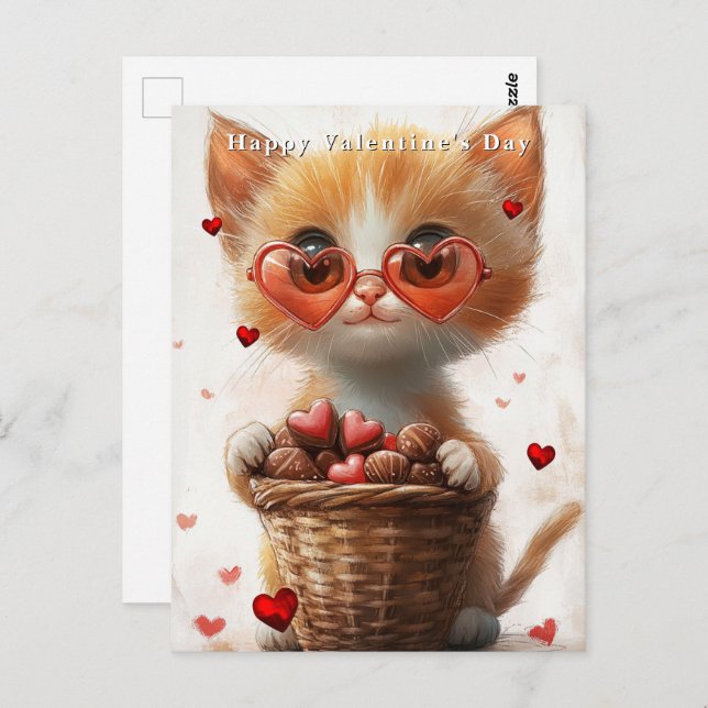 Postal Valentine's Day Ginger Cat Basket Hearts  (Anverso / Reverso)