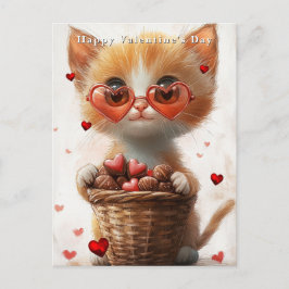 Postal Valentine's Day Ginger Cat Basket Hearts 