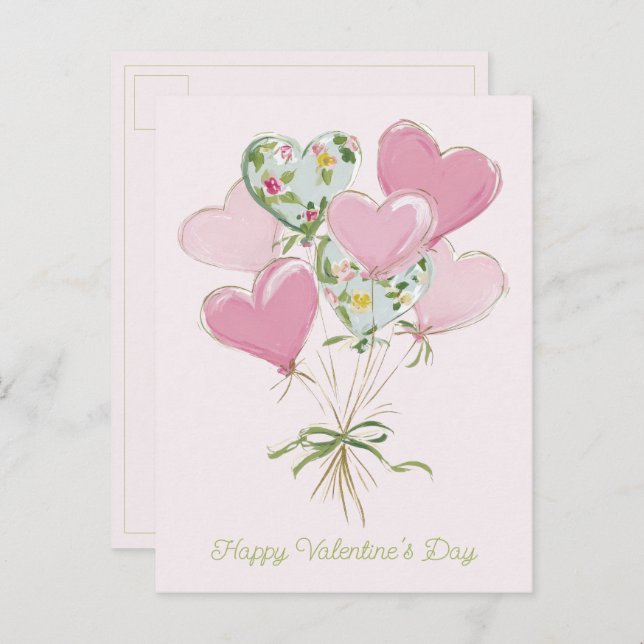 Postal Valentine's Heart Pink and Green Heart Balloons (Anverso / Reverso)