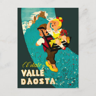 Postal Valle de Aosta, niño y niña haciendo senderismo en