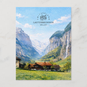 Postal Valle de Lauterbrunnen Suiza   Acuarela