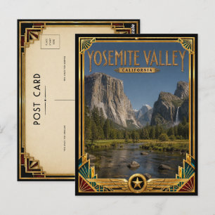 Postal Valle de Yosemite California Arte Deco Dorado Vint