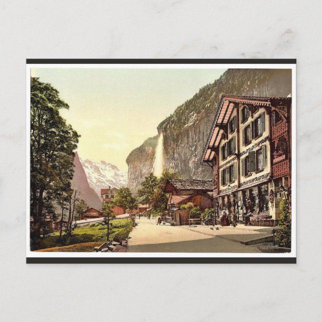 Postal Valle Lauterbrunnen, vista de la calle con Staubba (Anverso)