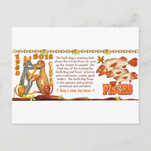 Postal ValxArt Zodiac Earth Dog Pisces, nacido en 1958 20 (Anverso)