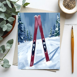 Postal Vamos a Esquiar | Esquís de Invierno Pintura Acuar