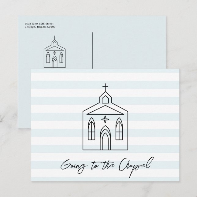 Postal Vamos a la Capilla Boda Azul Salva la Fecha (Anverso / Reverso)