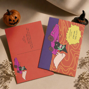 Postal ¡Vamos a Montar, Brujas! Fantasma y Bruja Lindo Ha