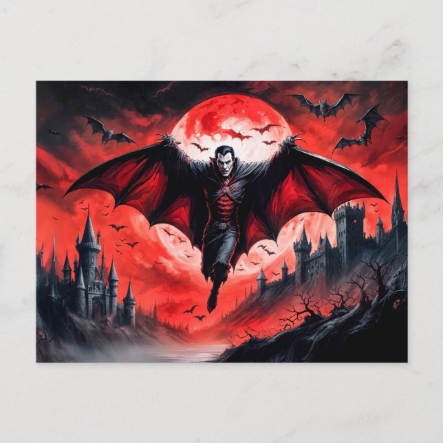 Postal Vampiro volando sobre castillo embrujado (Anverso)