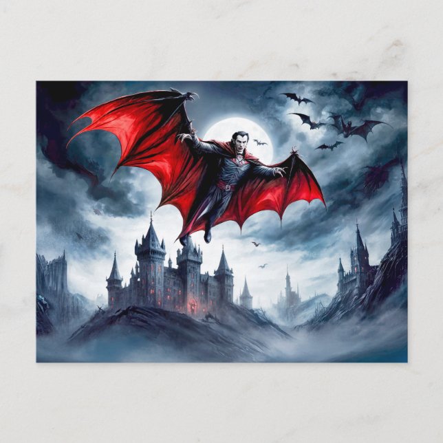 Postal Vampiro volando sobre castillo embrujado (Anverso)