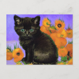 Postal Van Gogh Black Kitten con girasoles