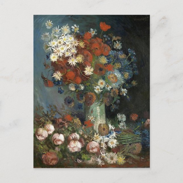 Postal Van Gogh con flores y Rosas praderas (Anverso)
