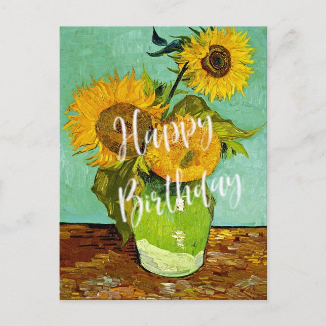 Postal Van Gogh - Girasoles, Tres, ¡Feliz Cumpleaños! (Anverso)