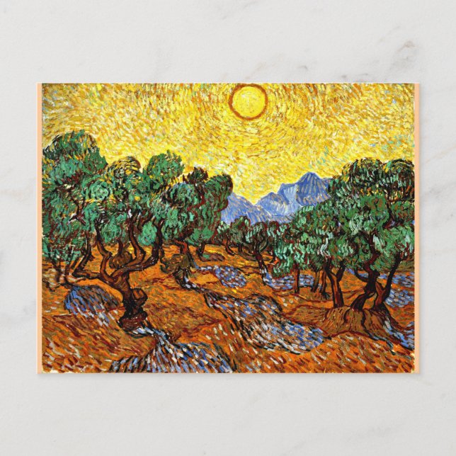 Postal Van Gogh - Olivos con cielo y sol amarillos (Anverso)
