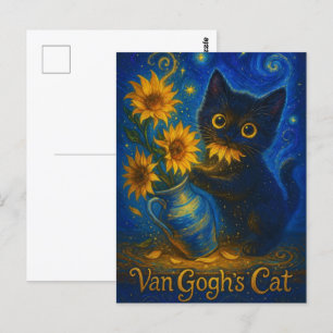 Postal Van Gogh Starry Night Black Cat con girasoles