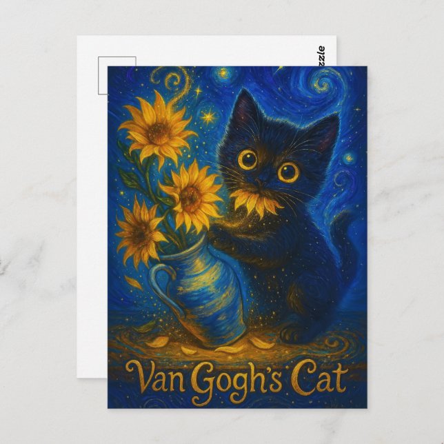 Postal Van Gogh Starry Night Black Cat con girasoles (Anverso / Reverso)
