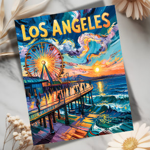 Postal Van Gogh Style Los Angeles Pier Sunset Travel