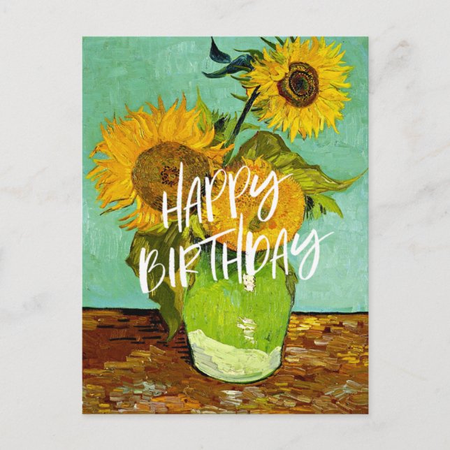 Postal Van Gogh - Sunflowers, Three, Happy Birday! (Anverso)